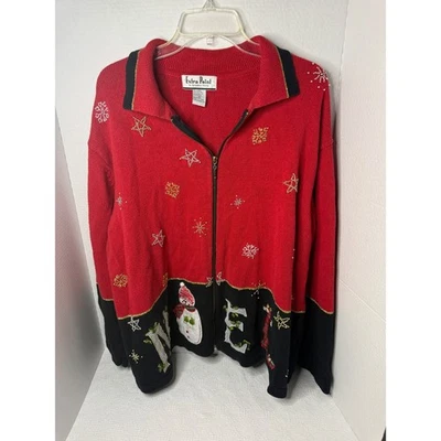 Suéter Extra Point Rojo Negro Muñeco de Nieve Noel Navidad Cremallera Para Mujer 3X Foto 1 de 4