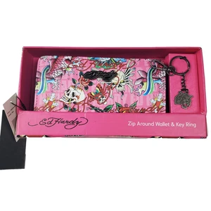 Cartera y llavero Ed Hardy para mujer rosa con cremallera alrededor Y2K nuevo en caja calavera de tigre koi - Imagen 1 de 10