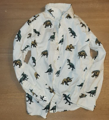 H&M White Dinosaur Flannel Button Up Shirt, Size 5, Pre-owned. Boys.  Plaid Fall - Image 1 of 4