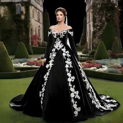 Gothic Black White Wedding Dresses Off Shoulder Long Sleeves Bridal Ball Gowns - Image 1 of 4