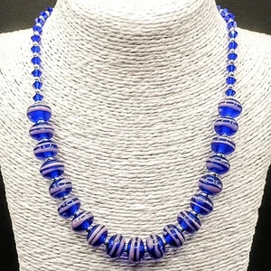 Royal Blue Rondelle Glass Bead Necklace Lampwork Lilac Stripe Statement Chunky - Picture 1 of 13
