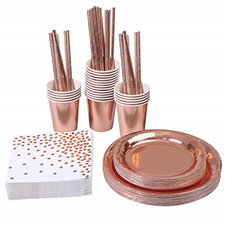 Aneco 146 Pieces Rose Gold Party Supplies Party Tableware Foil Paper Plates Cups
