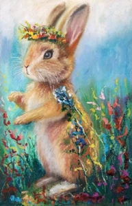 Oil Pastel Bunny Artwork Cute Animal Painting Bunny Oil Pastel Artwork Cute Art - Picture 1 of 8