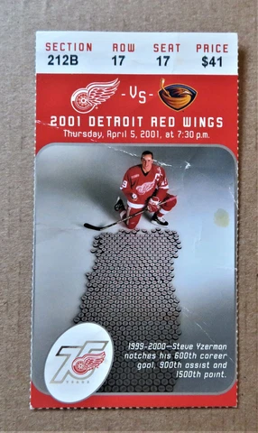 Red Wings vs Atlanta Thrashers ticket stub 4-05-2001 - Yzerman 600 Goals Creased Cover