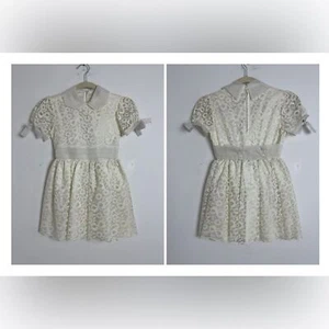 Vintage Girl's First Communion Cream Lace Short Sleeve Attached Necklace Dress 7 - Picture 1 of 13