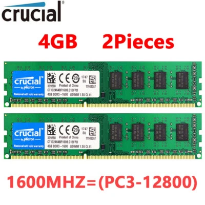 Crucial DDR3 1600MHz 8GB (2x 4GB) PC3-12800 Desktop DIMM 240pin Memory RAM 1.5V - Image 1 of 4