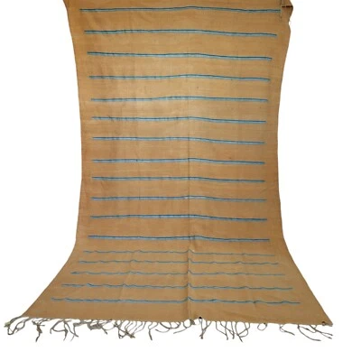 Vintage Handmade Moroccan Beige Rug Blue Stripe Fringe Berber Tribal Wool Carpet - Image 1 of 4