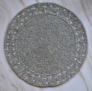Silver Beaded Placemat Handmade Round Tablemat Christmas Decoration Pack Of 2