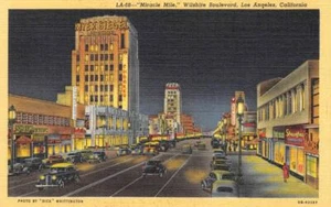 Postal vintage de lino MIRACLE MILE Wilshire Boulevard LOS ÁNGELES, CA noche años 40 - Imagen 1 de 2