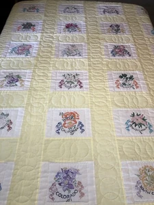 Handmade Yellow Cross Stitch Quilt 50 US States w State Flowers 96x84 Bedspread - Picture 1 of 15