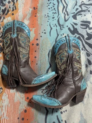 Lucchese M5022 Chocolate Brown & Teal Aqua Blue Embroidered Fringe Cowboy Boots - Image 1 of 4