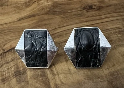 Vintage Swank Cufflinks Silver Tone Black Textured Embossed Leather - Image 1 of 4