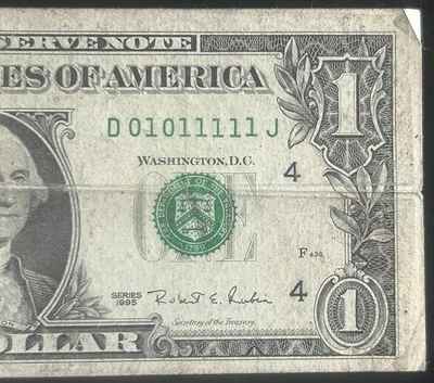 (TRUE BINARY/6 OF A KIND!)$1 Rare Double Repeater Fancy Serial Number D01011111J - Image 1 of 4