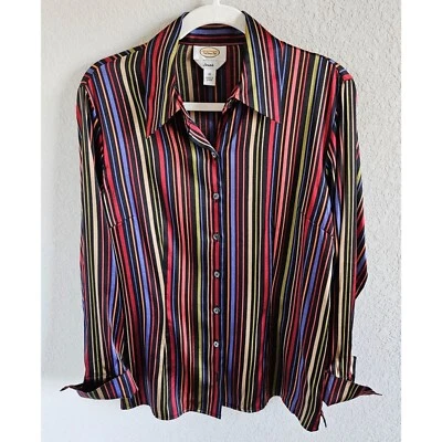 Talbot's Woman Size 10 Silk Stretch Button up Cuffed Shirt 70's,  Disco, Rainbow - Image 1 of 4