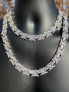 Solid 925 Sterling Silver Mens Byzantine Link Chain Iced 14mm Thick Flooded CZ - Picture 1 of 13