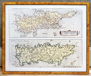 Framed Vintage "Cyprus Insulva" Map Print, 20"x17.50" Brown Burl Wood Frame - Picture 1 of 1
