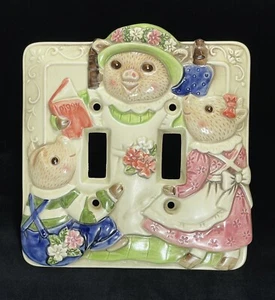 Vtg Takahashi 3 Pigs (Mom & 2 Piglets) Ceramic Double Light Switch Plate/Cover - Picture 1 of 2