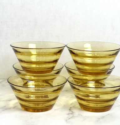 Vintage Style 1970 Amber Yellow Gold Glass Ribbed Bowls (Set of 6) - Image 1 of 4
