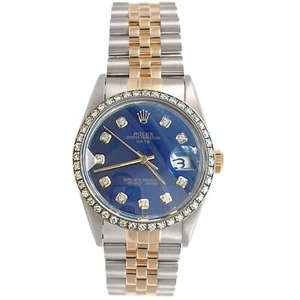 Rolex Oyster Perpetual Date Two-Tone Blue Diamond Dial Bezel Men's Watch 15003 - Picture 1 of 22