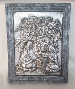 Repousse Aluminum 3D Art American Indians Harvesting in a Ceramic Frame 11 x 9" - Picture 1 of 10