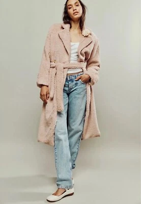 FREE PEOPLE Cuff It Coat Teddy Warm Belted Pink Coat Jacket Women UK S RRP £298 - Image 1 of 4