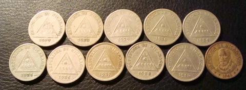 Nicaragua 5 centavos 11 coin lot 1927, 1928, 1929, 30, 34, 35, 36, 37, 38, 40 43 Cover