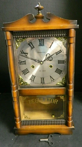 Vintage Commodore 35 Day Regulator Chime Wall Clock 19.5" x 9.75" x 5.25" Good Cover