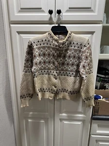 Suéter Cárdigan Jersey De Colección Años 60 Marrón y Crema Isla Justa Lana Virgen Tejido M - Imagen 1 de 4