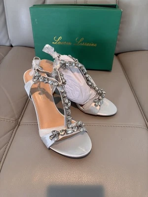 Lauren Lorraine Fay Silver Satin Rhinestone Strappy  3.5” Heels Size 5.5 NIB - Image 1 of 4