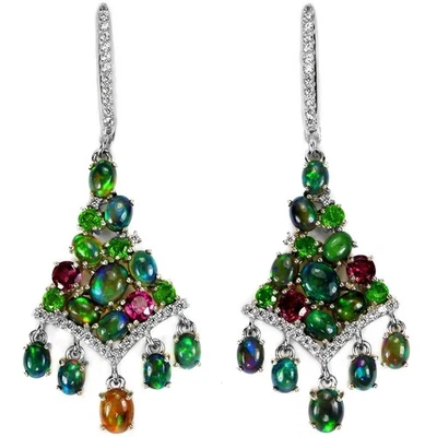 REAL RAINBOW BLACK OPAL RHODOLITE CHROME DIOPSIDE CZ STERLING 925 SILVER EARRING - Image 1 of 4