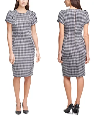 CALVIN KLEIN Navy Gingham Check Tulip Sleeve Sheath Dress Size 6 - Image 1 of 4
