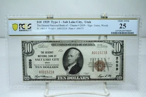 1929 $10 Type-1 The Desert National Bank of Salt Lake City Utah PCGS 25 #1523 - Picture 1 of 2