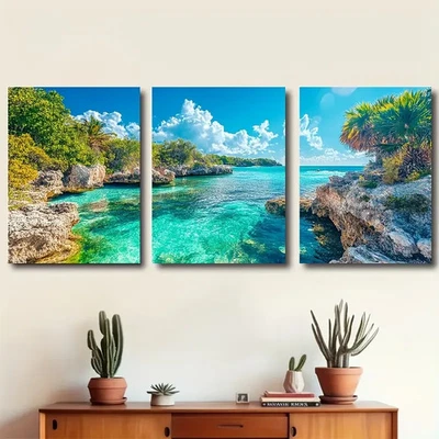 3pcs Coastal Lagoon Turquoise Water Wall Art Canvas Unframed/Framed - Image 1 of 4