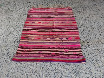 Vintage Turkish Kilim Rug 3.8 x 5 ft  Handwoven Wool Tribal Carpet in Pink Tones - Image 1 of 4