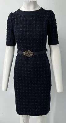 Vestido Vaina Oscar De La Renta P13 ALTERADO Azul Marino Tweed Dorado Floral Cinturón Talla S Foto 1 de 4