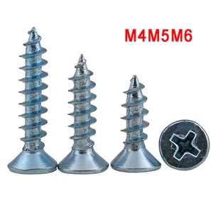 M4 M5 M6 Flat Head Self Tapping Phillips Wood Screws - Blue Zinc-plated Steel - Picture 1 of 4