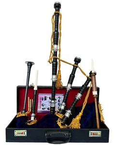 Great Highland Bagpipe Black Finish Silver Mounts Blue Velvet Cover+Tutor Book - Picture 1 of 5