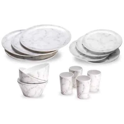 16Pc Melamine Dinner Set Dishwasher Safe Tableware Marble Effect Plates Bowls - Image 1 of 4