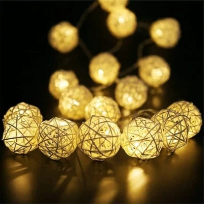Rattan Ball LED String Lights Mains Powered Wooden Decorative Wedding Party - Image 1 of 4