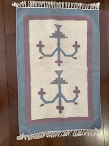 Vintage 1940s Woven Wool Dhurri Rug Pink Indian Rug Vintage Tribal Small 35x24” - Picture 1 of 5