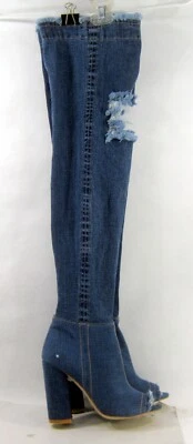 Nuevo Denim Azul Rip 4.5" Bloque Tacón Alto Sobre la Rodilla Peep Toe Botas Mujeres Talla 9 Foto 1 de 4