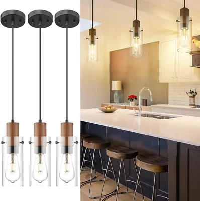 3件装迷你吊坠灯厨房岛,黑色吊坠灯带透明玻璃 — 第 1/4 张图片