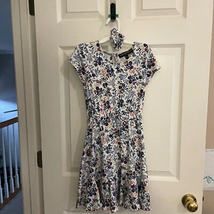 Three Pink Hearts Youth Girl's Blue/White/Orange Floral Dress Small w/ Scrunchie - Picture 1 of 7