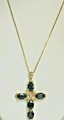 14KT YELLOW GOLD 4 CT SAPPHIRE & DIAMOND CROSS NECKLACE - Image 1 of 4