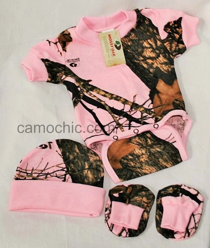 Mossy Oak Pink Camo Baby Diaper Shirt Set, Sleeper Creeper Booties Hat - Image 1 of 1