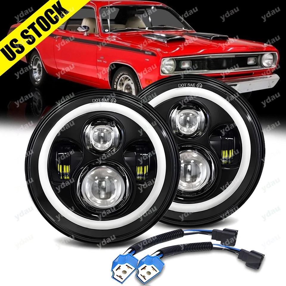 For Plymouth Duster 340 1970-1975 Halo 7" inch Round LED Headlights Hi/Lo H4 - Image 1 of 4