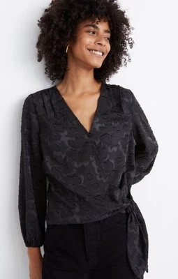 NUEVO CON ETIQUETAS $98 Blusa Top Madewell XL Negra Floral Jacquard Corbata Lateral Manga Larga Envolvente Foto 1 de 4
