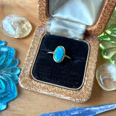 🦋 ANILLO Natural Australiano Semi NEGRO ÓPALO 14K Amarillo Oro 22K Bisel Talla 7 ✨ Foto 1 de 4