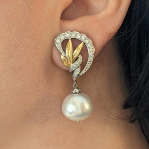 South Sea Pearl and Diamond Dangle Earrings in Gold and Platinum - HM2645SE - Picture 1 of 8