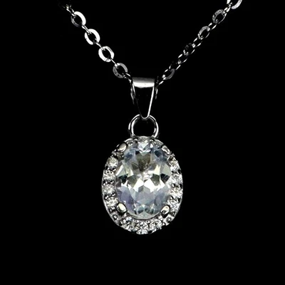 925 Argento Sterling Collana Ovale Acquamarina 7x5mm Gemma Senza USA Import Fees - Immagine 1 di 4